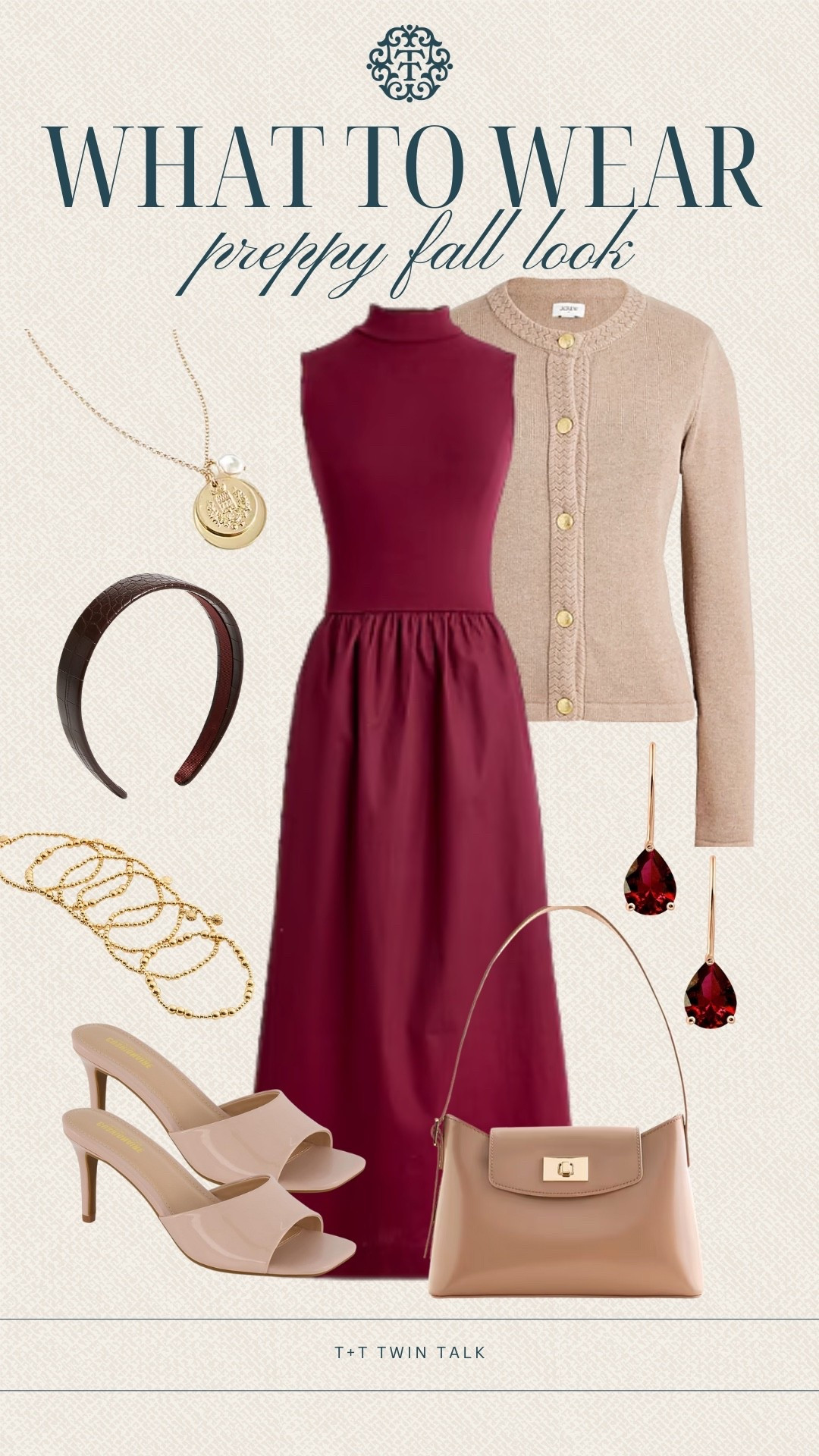 T+T, what to wear, preppy fall outfit! This look is perfect for a fall date night or special occasion! A wine colored dress with a tan cardigan draped around your shoulders. We accessorized with ruby red Amazon earrings, tan heels, and a headband! 

#LTKOver40 #LTKMidsize #LTKStyleTip