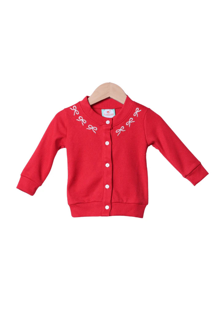 Embroidered Bow Red Button Down Cardigan Sweater | The Smocked Flamingo