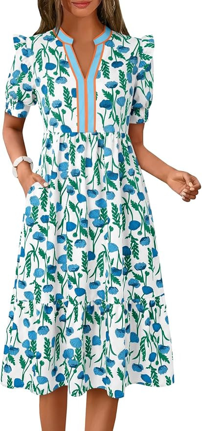 Wenrine Womens Summer Midi Dress Casual Floral Puff Short Sleeve V Neck Swing Flowy Boho Beach Dr... | Amazon (US)