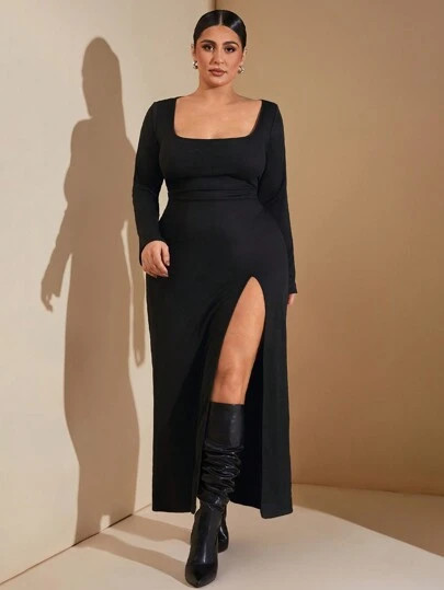 SHEIN BAE Plus Size Women Elegant Square Neck Split Hem Shift Dress, Suitable For Spring Festival... | SHEIN