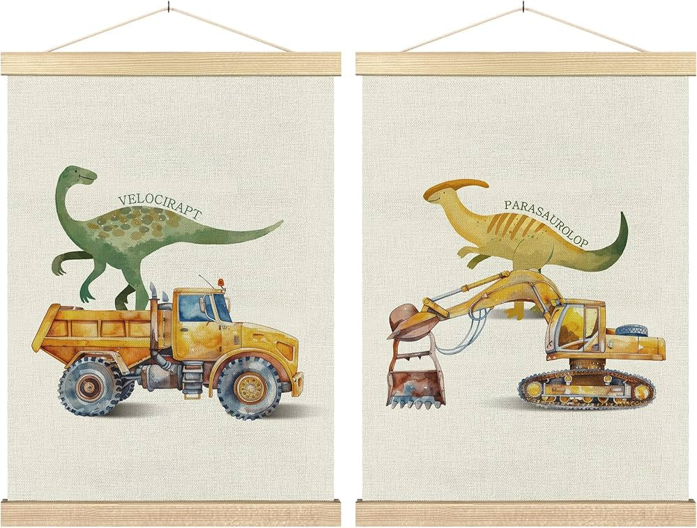 BCUANGD Dinosaur and Construction Truck Wall Decor - Dinosaur Dino Poster Hanger with Wood Frames... | Amazon (US)