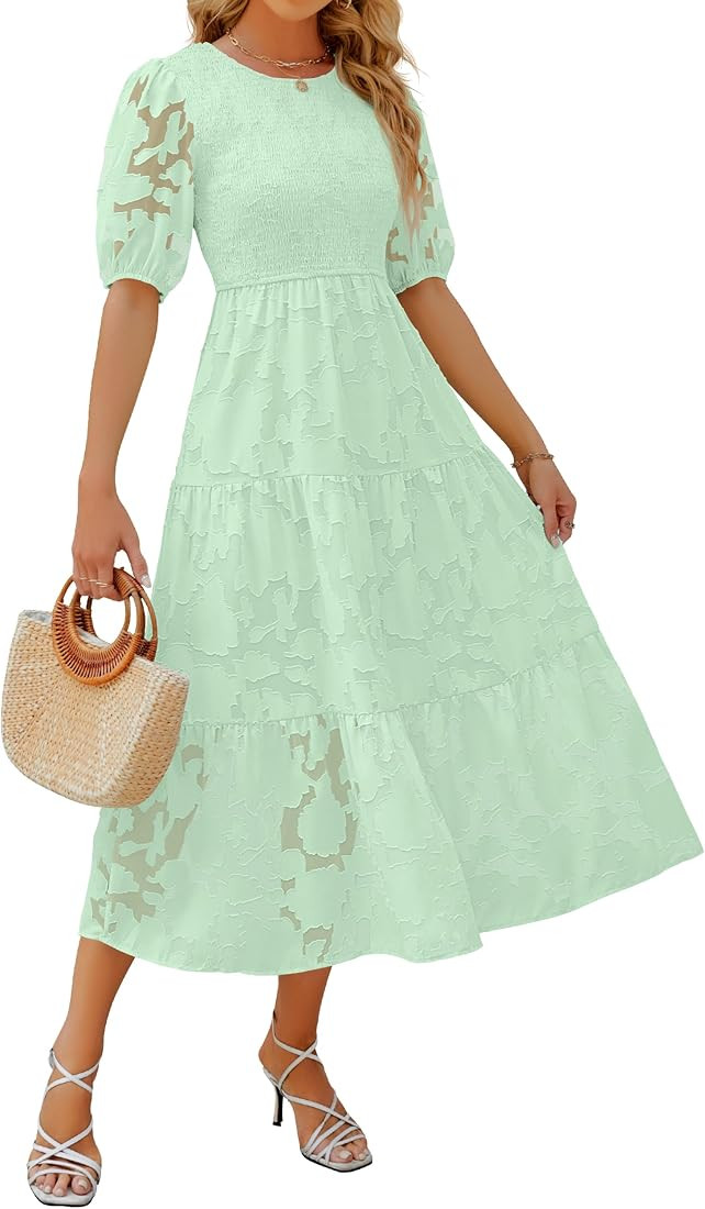 ZESICA Women's Summer Short Puff Sleeve Crewneck Smocked Floral Lace Flowy A Line Tiered Maxi Dre... | Amazon (US)