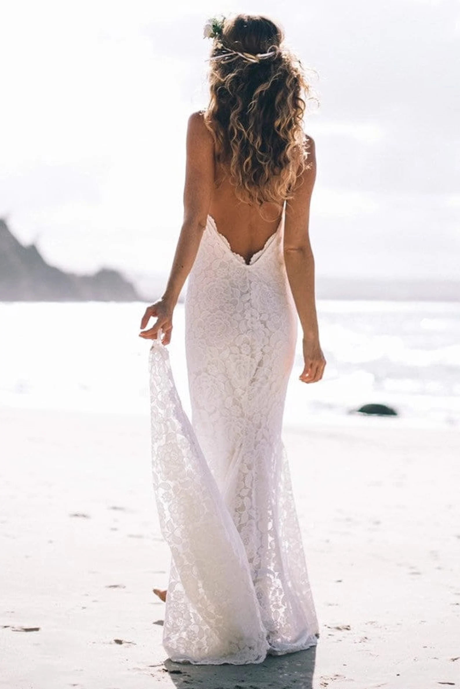 50% Deposit Mermaid Bohemian Lace Wedding Dress With Train, Low Back Neckline Beach Boho Wedding ... | Etsy (US)