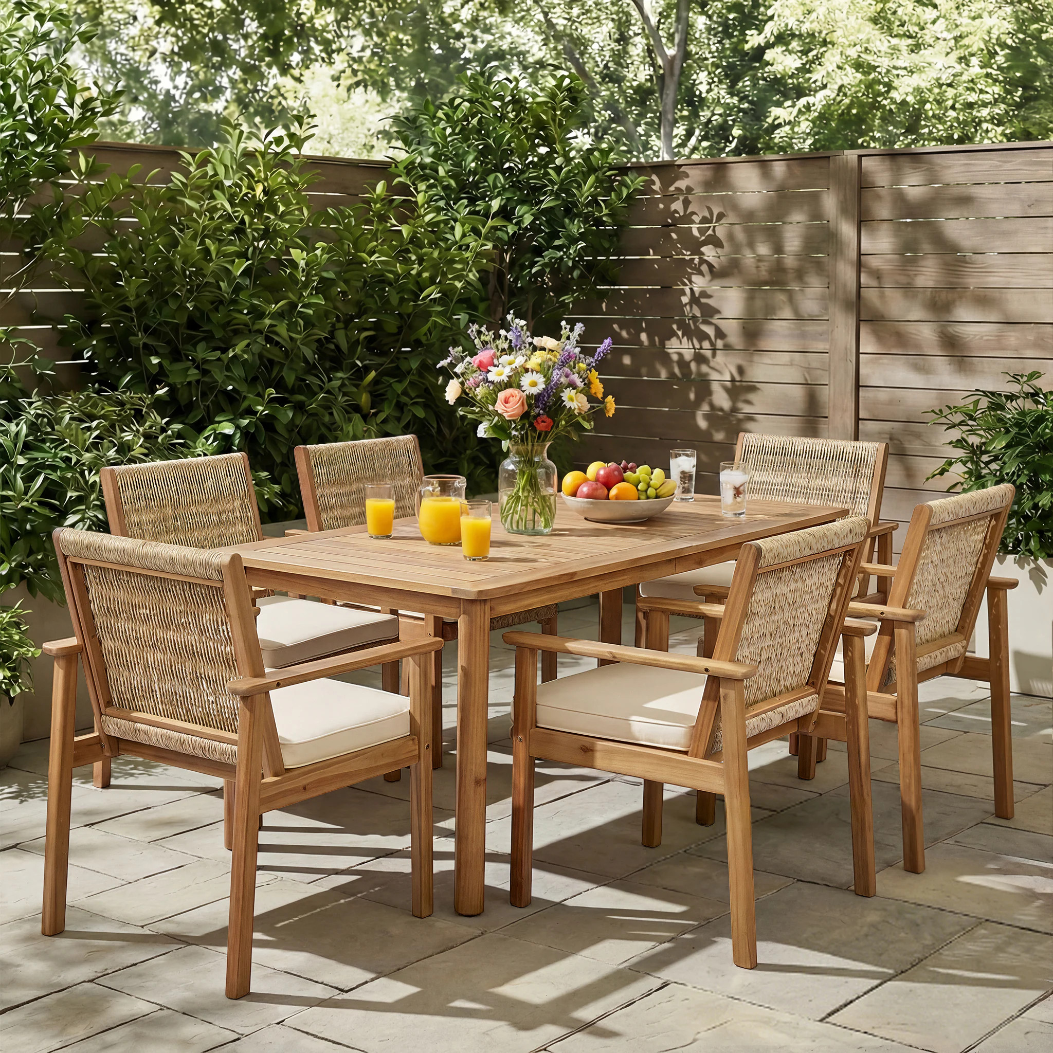 Christopher Knight Home 7-Piece Beige+Light Teak Wood Top Dining Set with Fabric Upholstered Dining Chairs and Solid Wood Legs and Seats 6 one_size | Lowe's