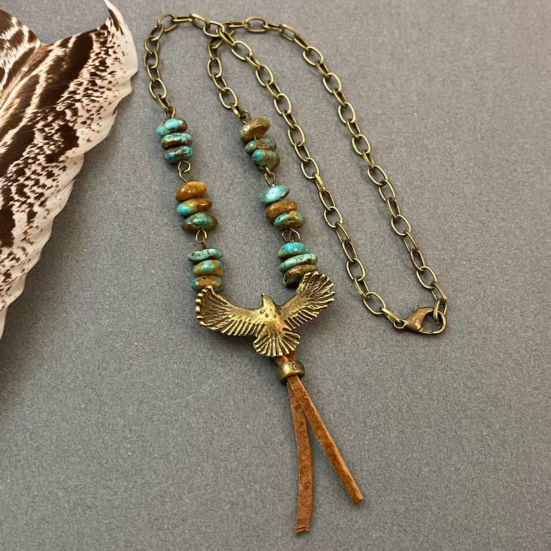 Eagle Pendant Turquoise Necklace, Genuine Turquoise Nuggets, Brass Necklace, American Eagle, Patr... | Etsy (US)