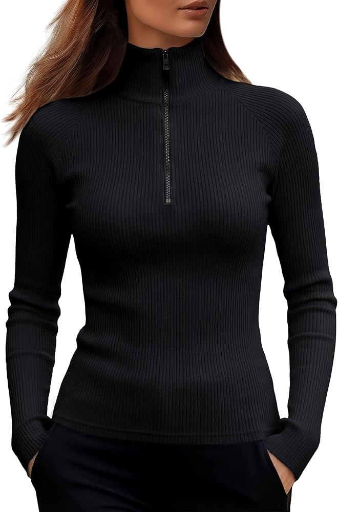 ANRABESS Long Sleeve Shirts for Women Quarter Zip Ribbed Top | Amazon (US)