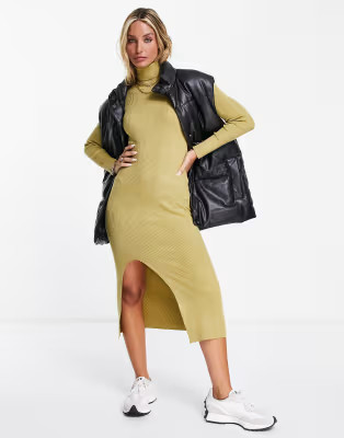 Y.A.S. Biriella high neck midi knit dress in khaki green | ASOS (Global)
