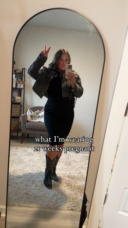 What I’m wearing 21 weeks pregnant to a country concert 🖤

Stretchy black dress, fringe denim jacket and black wide calf friendly cowboy boots

#LTKbump #LTKfindsunder100 #LTKfindsunder50