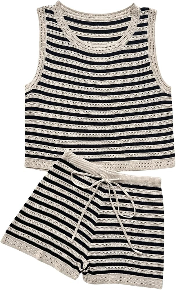 MakeMeChic Women's Two Piece Outfit Striped Crew Neck Tank Crop Top and Drawstring Knit Shorts Se... | Amazon (US)