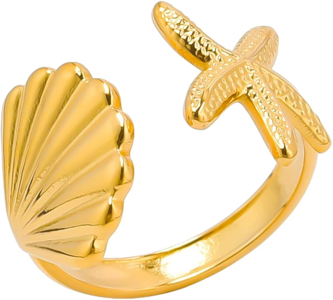 Shell Starfish Ring Ocean Series Ring Irregular Ring Chunky Gold Rings for Women Adjustable State... | Amazon (US)