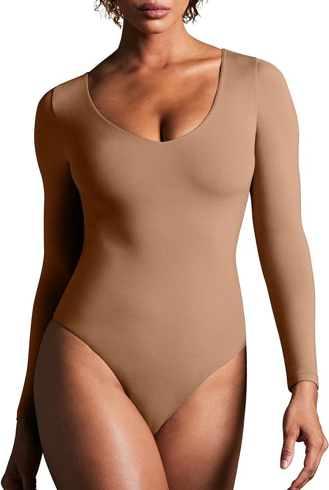 IUGA Long Sleeve Bodysuits for Women Tummy Control Double Lined Bodysuit V Neck Body Suits for Wo... | Amazon (US)