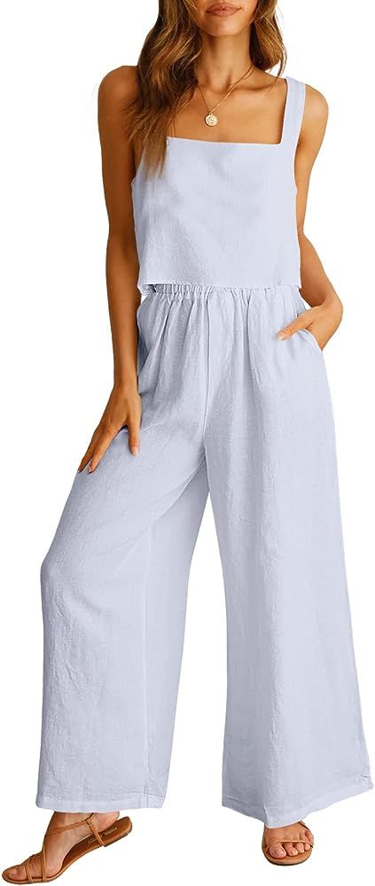ANRABESS 2 Piece Outfits for Women Summer Casual Linen Lounge Matching Set Crop Top Wide Leg Long... | Amazon (US)