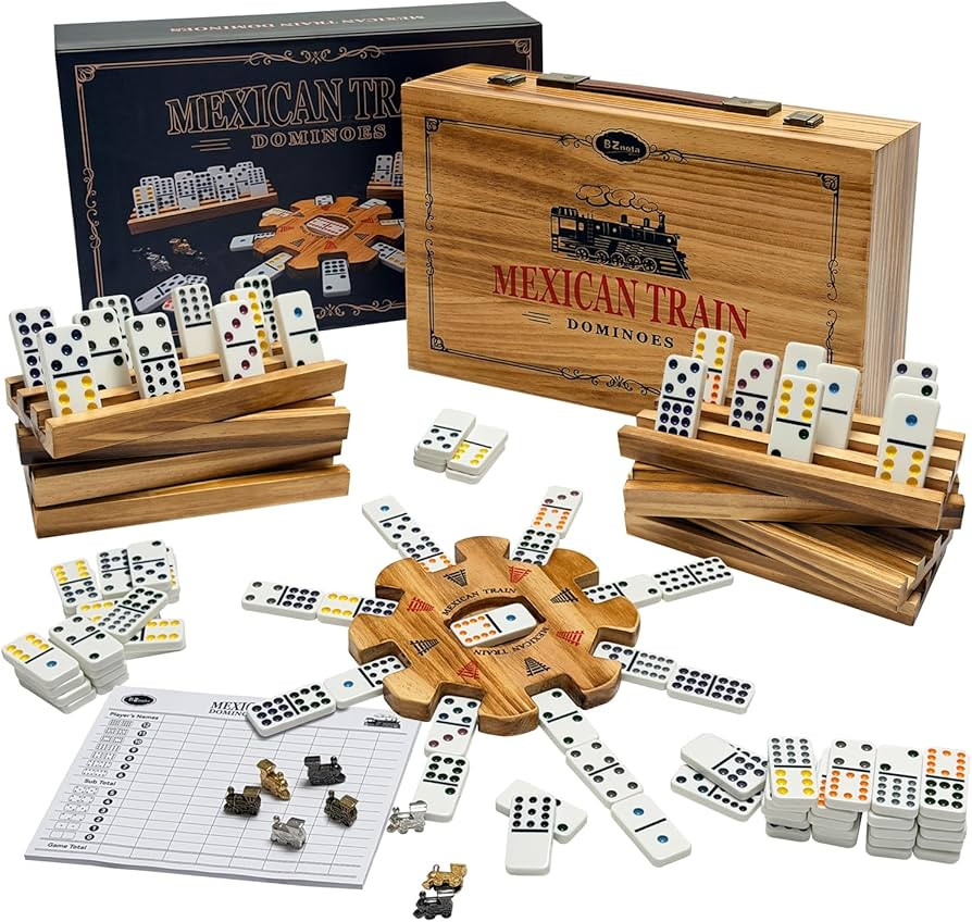 Mexican Train Dominoes Set with 8 Charcoal-burned Wooden Holders & Hub, Double 12 Dominos Set Col... | Amazon (US)