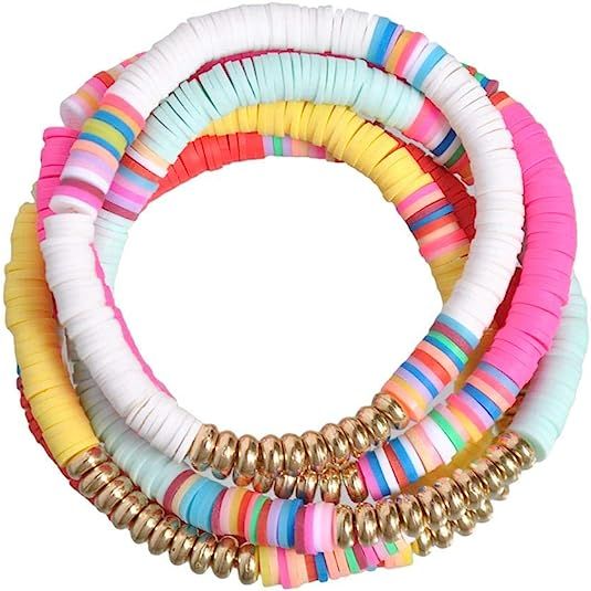 5 Pcs Colorful Sliced Clay Bracelets Handmade Rainbow Polymer Elastic Rope Boho Beaded Bracelet S... | Amazon (US)