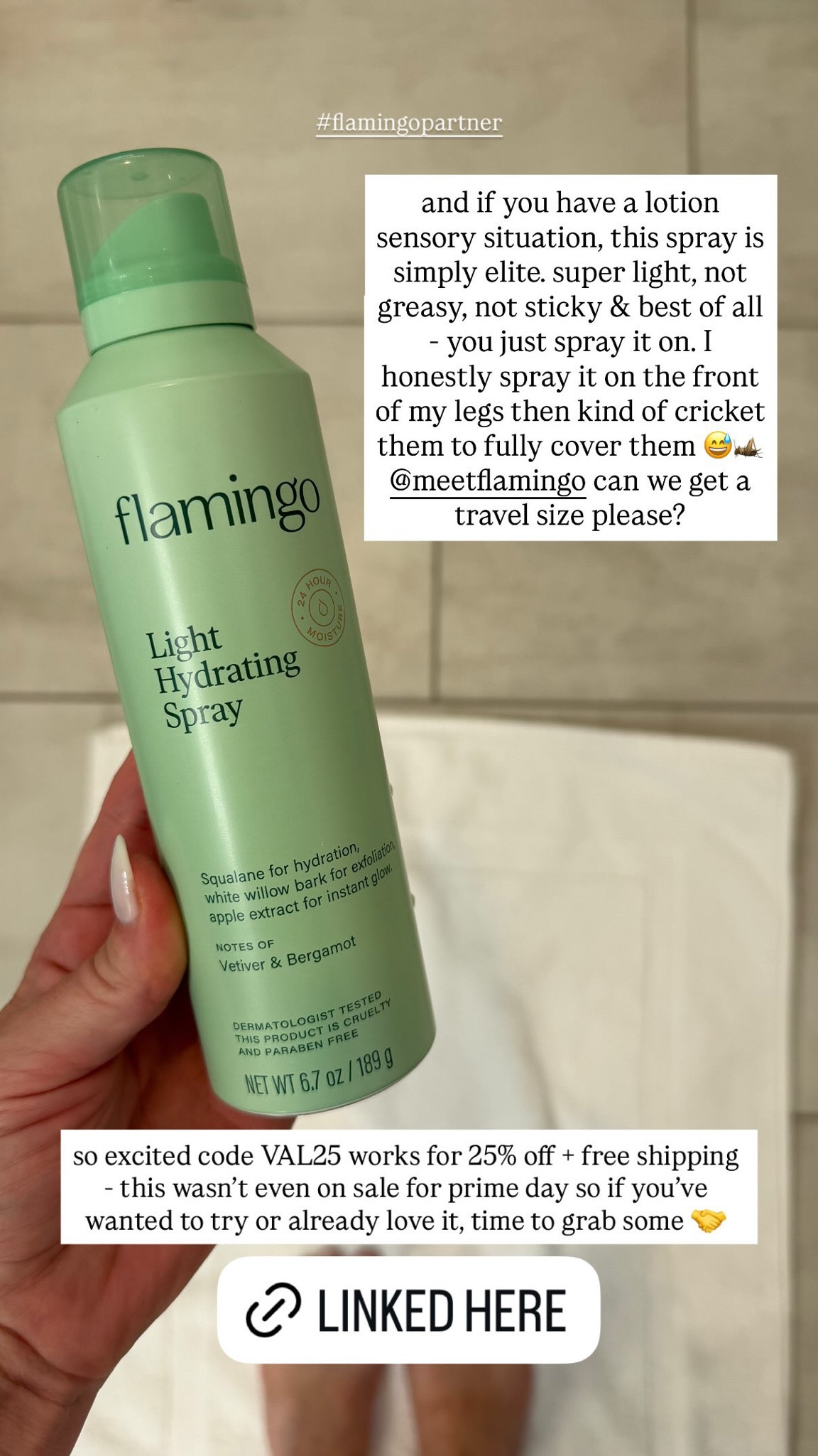 and if you have a lotion sensory situation, this spray is simply elite. super light, not greasy, not sticky & best of all - you just spray it on. I honestly spray it on the front of my legs then kind of cricket them to fully cover them 😅🦗 @meetflamingo can we get a travel size please?

so excited code VAL25 works for 25% off + free shipping - this wasn't even on sale for prime day so if you've wanted to try or already love it, time to grab some 🤝

#LTKTravel #LTKBeauty #LTKselfcare