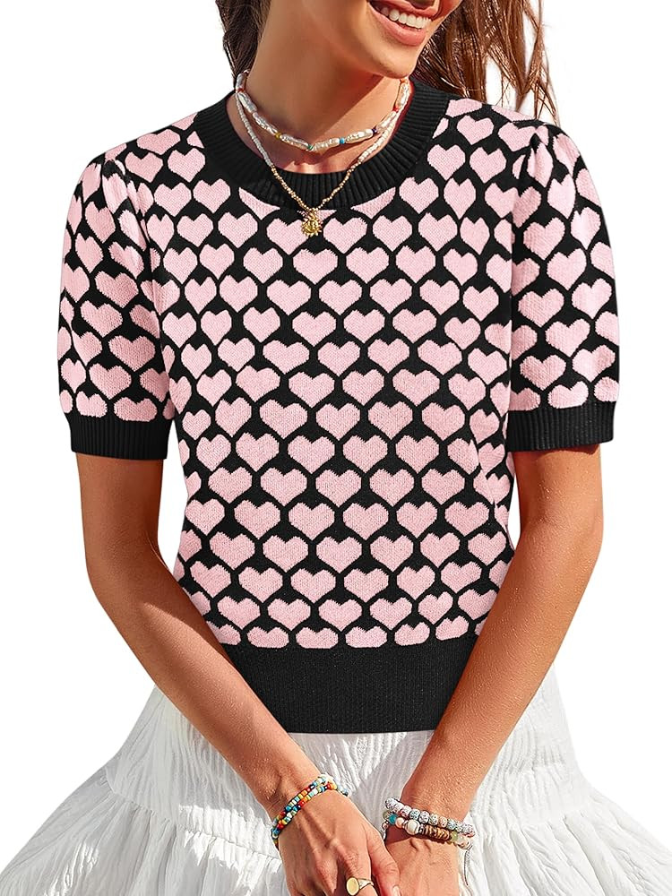 Women Puff Short Sleeve Sweater Casual Cropped Knit Shirts Cute Heart Holidays Graphic Print Pull... | Amazon (US)