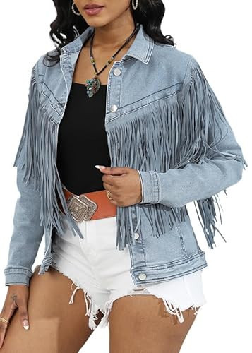MOEENCN Jean Jackets For Women Fashion Fringe Suede Button Pocket Coat Cowgirl Western Top Cowboy Outfits Denim Shacket Jacket Light Blue S | Amazon (US)