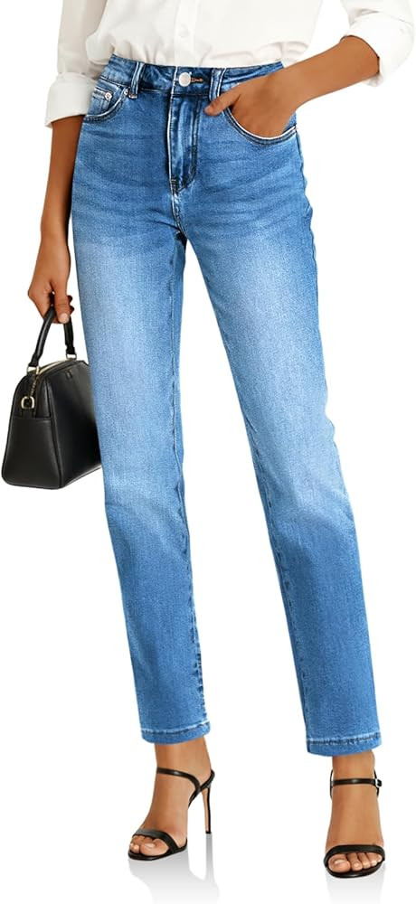 Cicy Bell Womens Straight Leg Jeans High Waisted Mid Rise Stretchy Denim Pants Tapered Petite Jea... | Amazon (US)