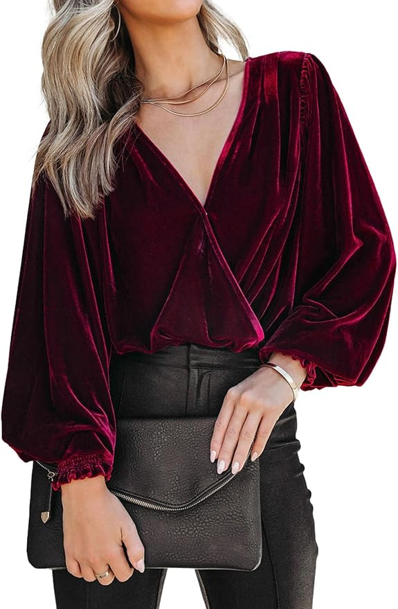 BerryGo Women's Velvet Wrap Crop Top Long Sleeve V Neck Puff Dressy Blouse Vintage 2023 Fall Wint... | Amazon (US)