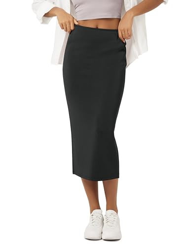 ODODOS Soft Midi Skirt for Women Back Slit High Waist Casual Long Pencil Skirts with Pockets, Black, X-Small | Amazon (US)
