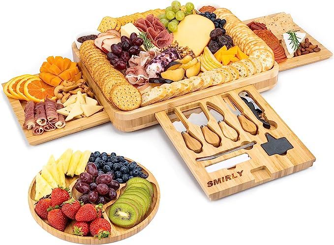 SMIRLY Bamboo Cheese Board and Knife Set: Large Charcuterie Board Set - Wine Meat Cheese Platter ... | Amazon (US)