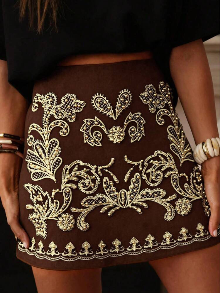 Women's Fashion Embroidered Beaded Floral Print Bohemian Elegant Zipper Skirt Summer | SHEIN