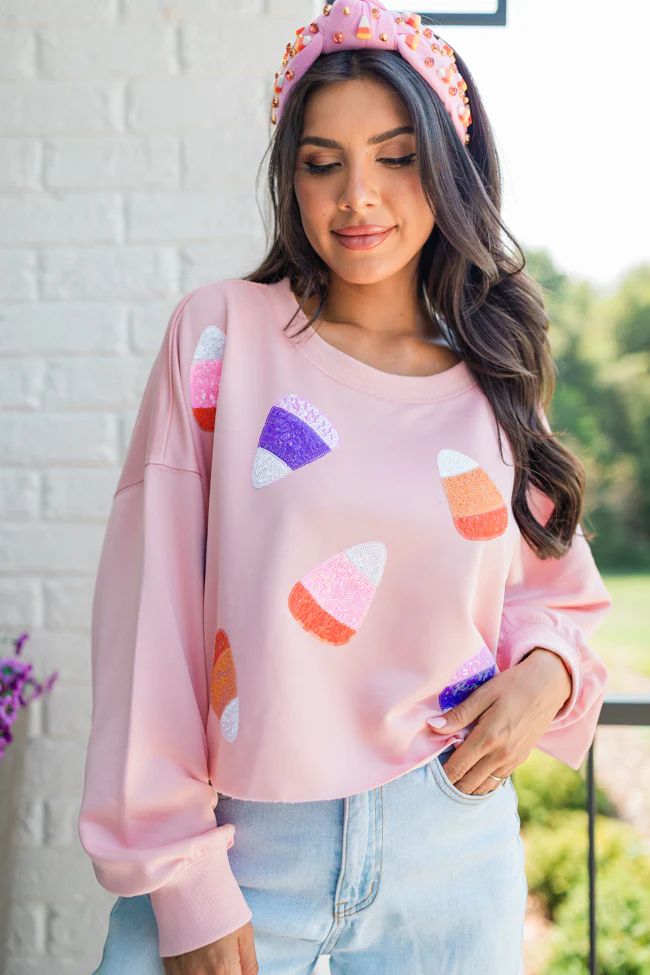 Sweet Treats Pink Multi Candy Corn Sequin Patch Sweatshirt | Pink Lily