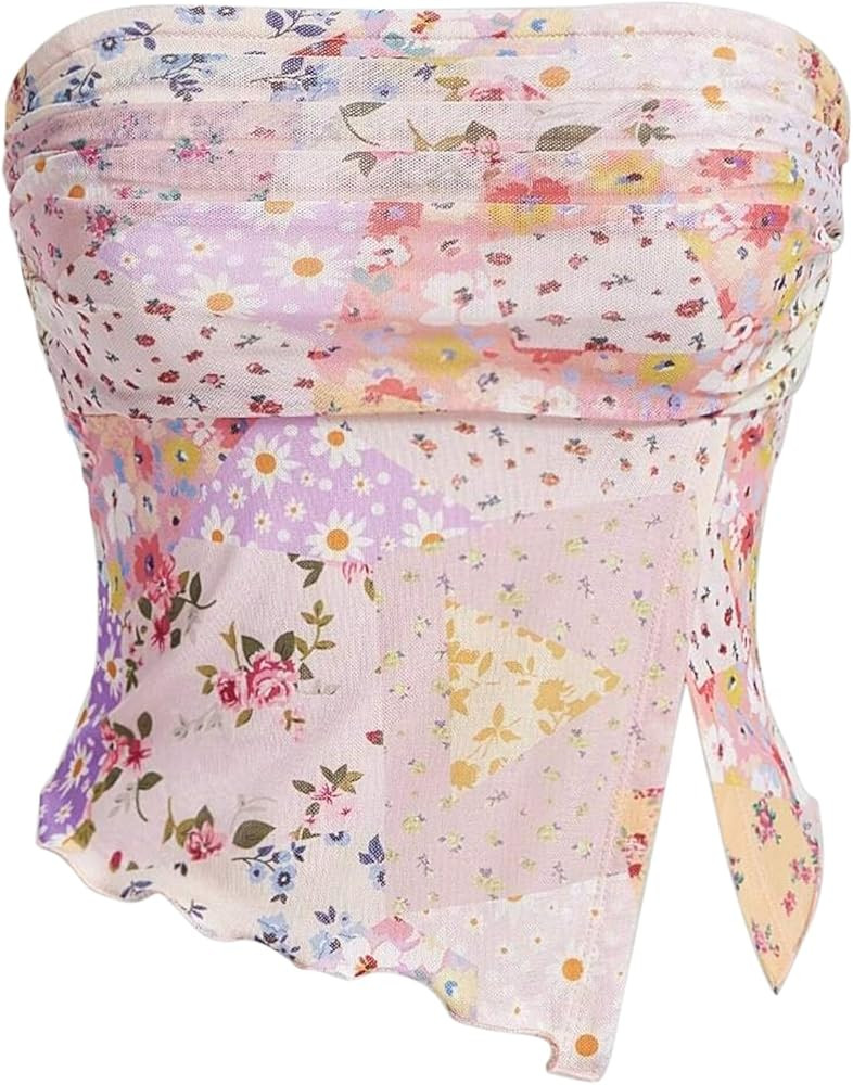 Women Floral Print Ruched Mesh Crop Tube Top Strapless Asymmetrical Split Hem Boho Bandeau Cami C... | Amazon (US)