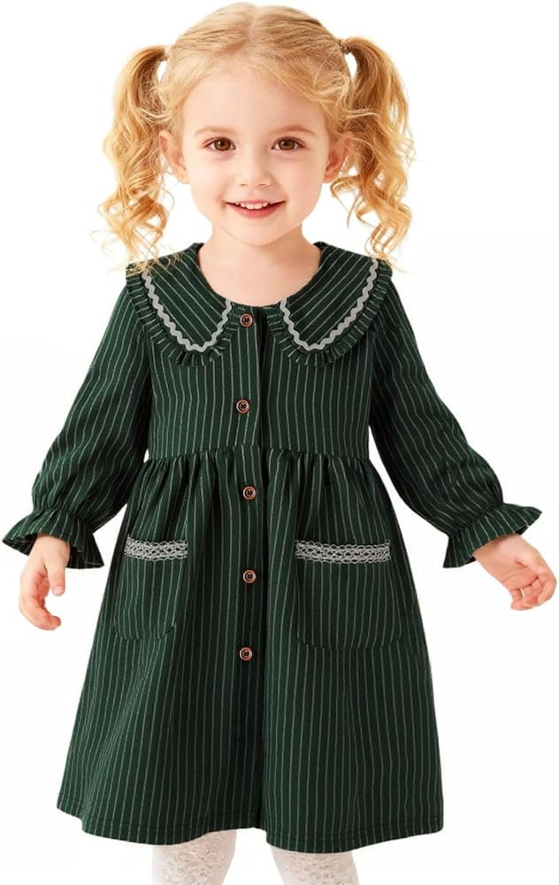 HILEELANG Girl Fall Dress Cotton Striped Long Sleeve Button Front Peter Pan Collar Lace Pockets C... | Amazon (US)