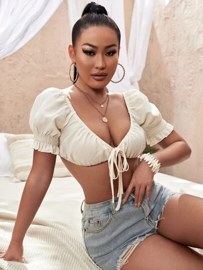 SHEIN WYWH Frill Cuff Tie Front Crop Milkmaid Top | SHEIN USA | SHEIN
