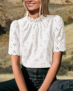 PRETTYGARDEN Womens Summer Tops 2025 Trendy Short Sleeve Eyelet Embroidered Dressy Casual Blouse ... | Amazon (US)