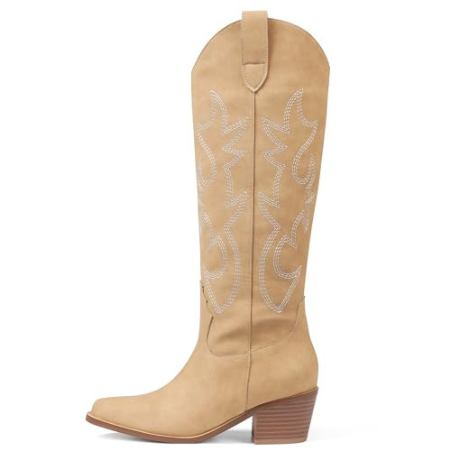 Erocalli Cowboy Boots for Women Tall Western Camel Cowgirl Boots Ladies Pointed Toe Pull On Fashion Knee High Boot | Amazon (US)