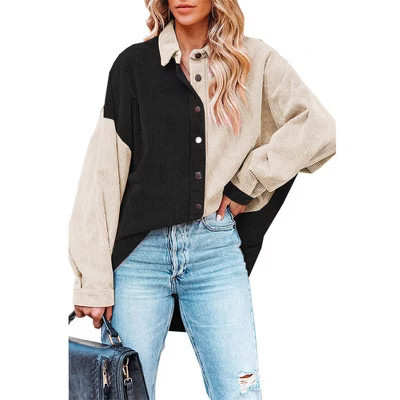 Women's Color - Block Corduroy Shirt, Stylish and Versatile Long - Sleeve Button - Down Top Dark Apricot XXXL | Target