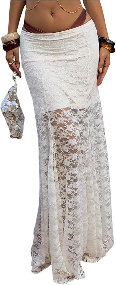 MakeMeChic Women's Vacation Elegant Lace Sheer Maxi Skirt Floral Ruffle Ruched Skinny Fit Long Sk... | Amazon (US)