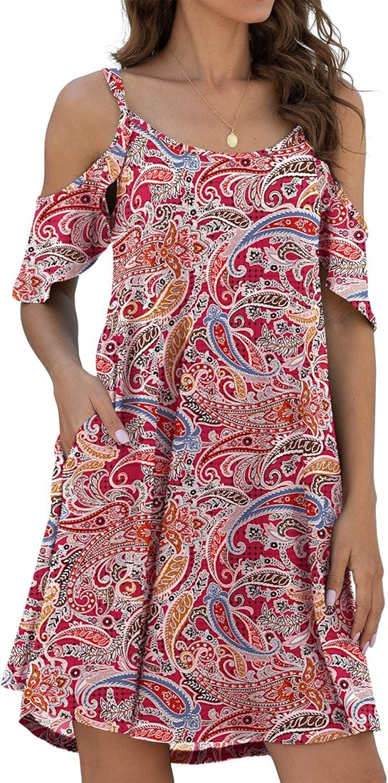 Jouica Women's Summer Casual Spaghetti Strap Sundress Dress Cold Shoulder Ruffle Sleeves Dresses wit | Amazon (US)