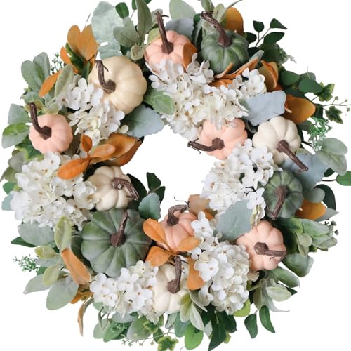 Fall Pumpkin Wreath with White Hydrangea Flowers Lamb Ear Leaves Greenery for Front Door, 22 inches Rustic Farmhouse Autumn Wreath for Indoor, Green Pink White Pumpkin Wreath for Harvest Decoration | Amazon (US)