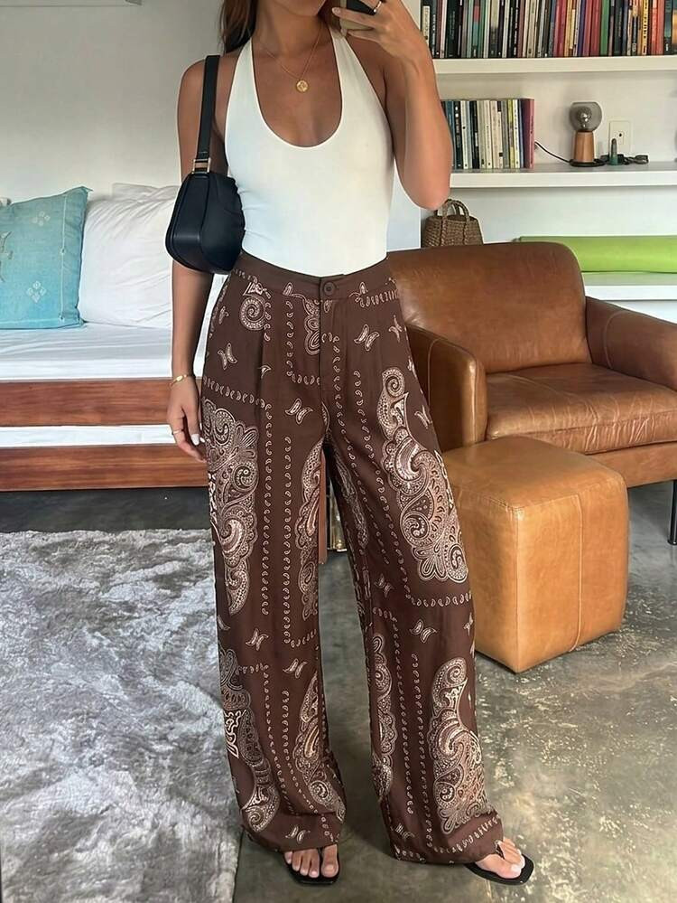Aloruh Women's Casual Vaquera Boho Boho Chic Cashew Print Wide Leg Loose Pants Holiday Brown Autu... | SHEIN