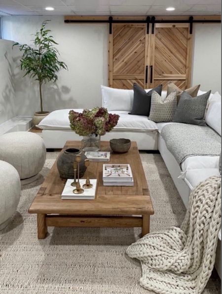 Basement living room, throw blankets, coffee table, neutral decor, faux tree, sectional, no shed jute rug
 

#LTKStyleTip #LTKHome