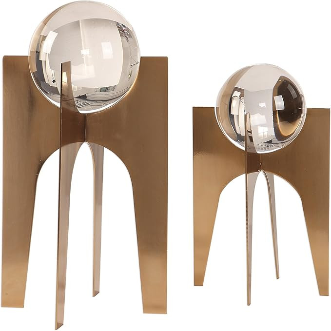 MY SWANKY HOME MidCentury Modern Crystal Ball Sculpture Set Copper Bronze Glass Sphere Pedestal | Amazon (US)