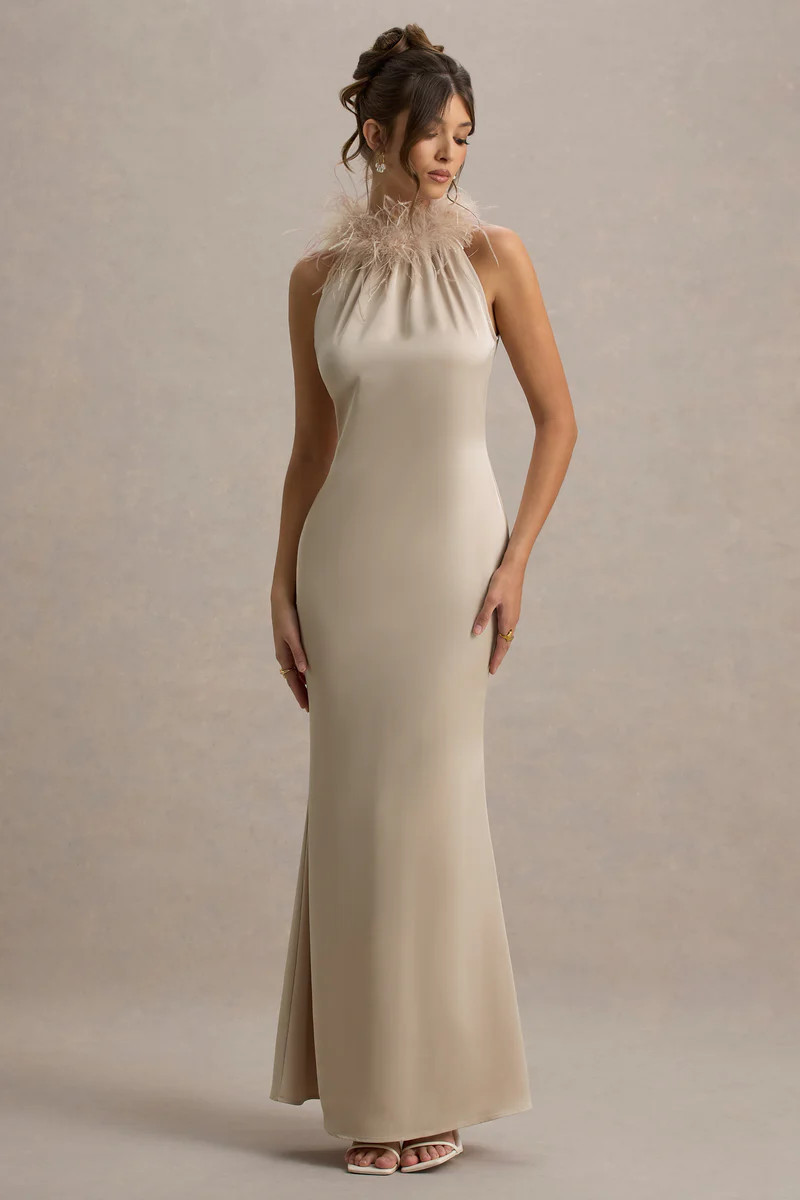 Bianca | Champagne Satin Feather-Trim Maxi Dress | Club L London