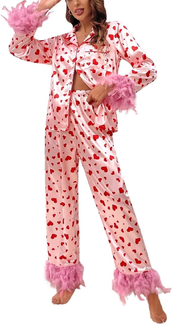 Women's Sleepwear 2 Piece Fuzzy Trim Pajamas Sets Heart Print Button Down Long Sleeve and Pants S... | Amazon (US)