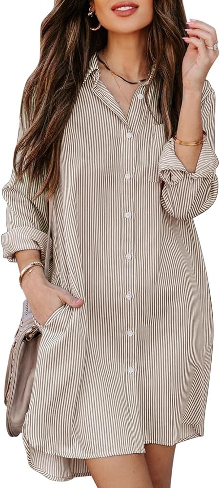 Aoudery Womens Button Down Shirt Dresses with Pockets Cotton Striped Shirts Collared Tunics Long ... | Amazon (US)