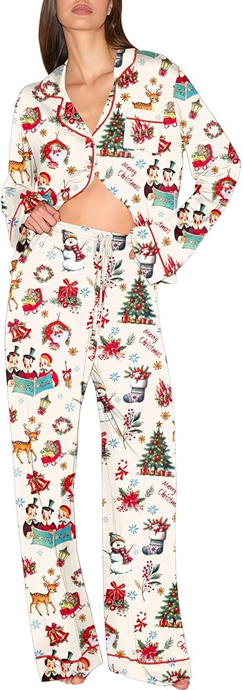 Ekouaer Christmas Pajamas Womens Long Sleeve Button Down Sleepwear Holiday Matching Pjs Comfy Lon... | Amazon (US)