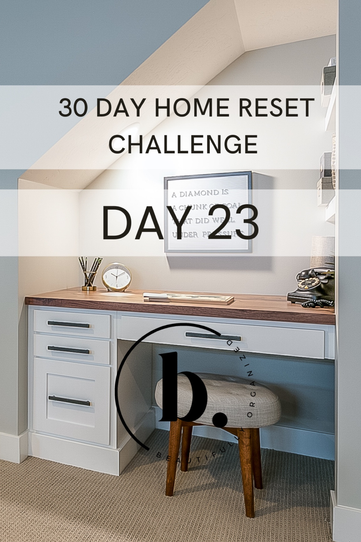 Welcome back to our 30 day home reset challenge, day 23!

I’m Brittany , Mom to five, professional organizer, and owner of B. Beautifully Organized . 

Today we’re back in the office. So grab your black trash bags for donations, your white trash bags for trash, a basket for shred, a basket for things that don’t belong, set your timer for 30 minutes and let’s go! 

Start at one side of the room and work your way around to the other, asking yourself these questions as you take items out.

1. Does this item belong here? If not, put it in the basket to be returned to its place after the session.
2. If this item went missing, would I need to replace it? If not, let’s let it go!
3. If I did need this piece of paper, would it be easy to replace? If it’s not something you need every day And you can replace it easily by printing it out if needed, trash or shred. 
4. Have I been holding onto this paper just in case for a long time, but I haven’t needed it? Unless it’s tax documents from the past 7-10 years, or important personal documents like identification documents, it’s safe to let it go.

I’ve got your bonus home system in the caption below, and we’ll see you back tomorrow!


#LTKWatchNow #LTKHome #LTKStyleTip