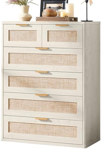 LEYAOYAO White Dresser for Bedroom, 41" Tall Chest of Drawers, Modern 6 Drawers Boho Rattan Dress... | Amazon (US)