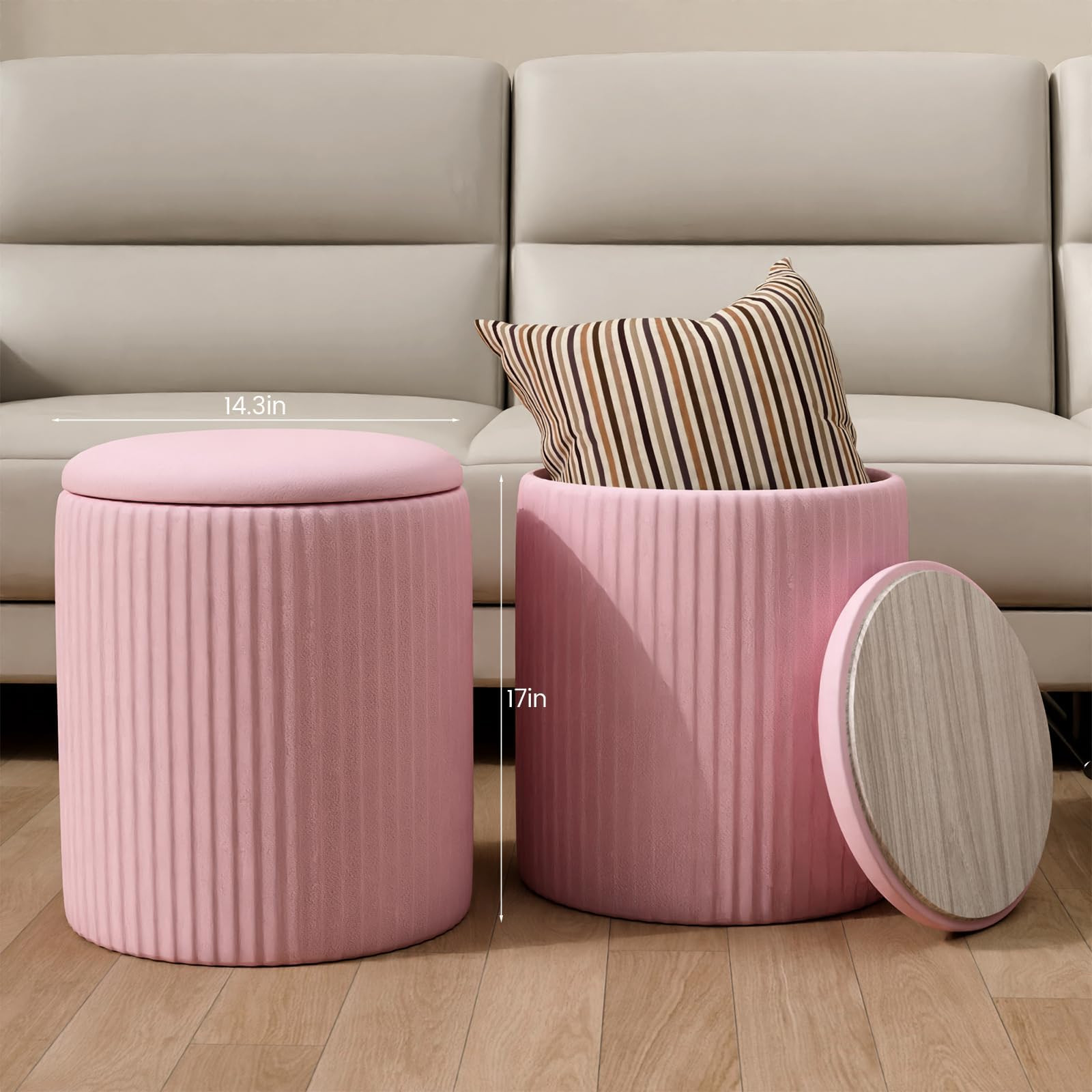 Ottoman with Storage Set of 2, Velvet Round Storage Ottoman, Upholstered Sponge Vanity Stool Support 300lbs, Multifunctional Coffee Table Foot Rest Ottoman for Living Room Bedroom, Pink | Amazon (US)