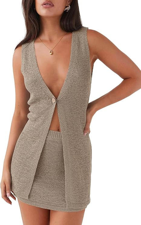 Tankaneo Womens 2 Piece Vacation Sets Sleeveless V Neck Long Vest Knit Top and Mini Skirt Summer ... | Amazon (US)