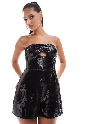 ASOS DESIGN sheer sequin twist detail bandeau romper in black | ASOS (Global)