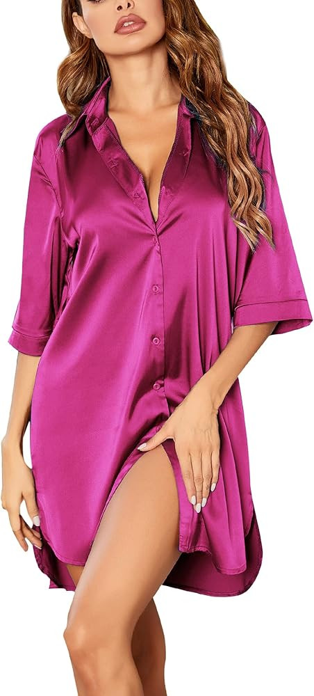 Ekouaer Women's Satin Nightshirt Button Down Sleepshirt Silk 3/4 Sleeve Nightgown Boyfriend Notch... | Amazon (US)