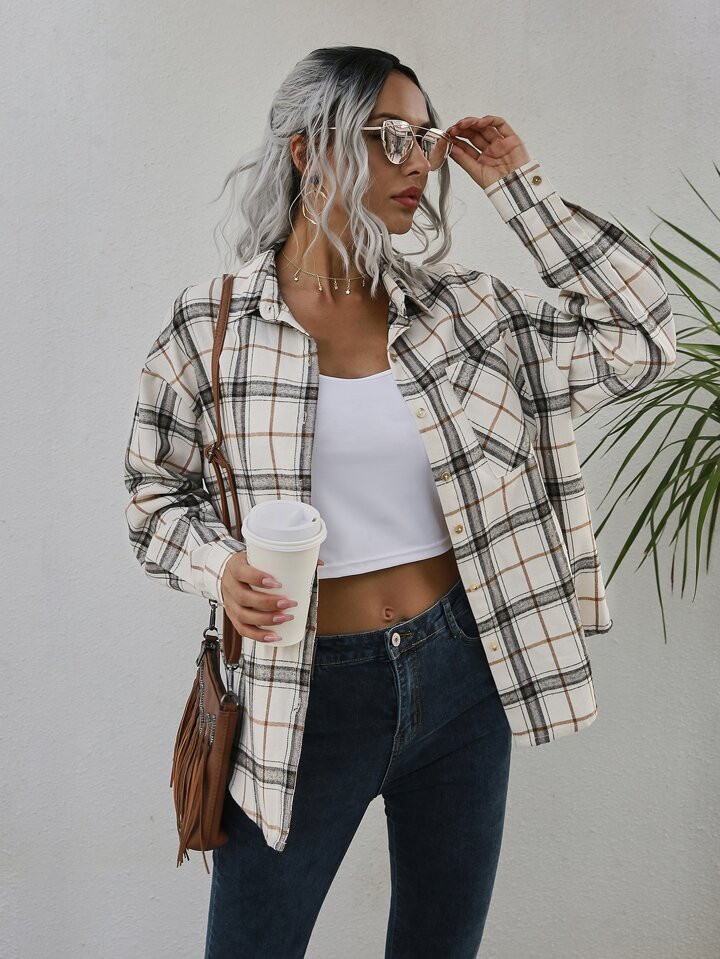 SHEIN Frenchy Plaid Patched Pocket Drop Shoulder Coat | SHEIN